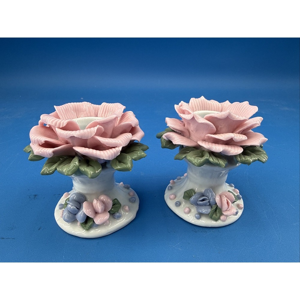 VTG Pair Porcelain Pink Blue Roses Pedestal Majolica Candle Holders Mid Century